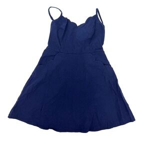 Market & Spruce Navy Blue Linen Blend Cutout Back Dress Pockets D61189 Womens S